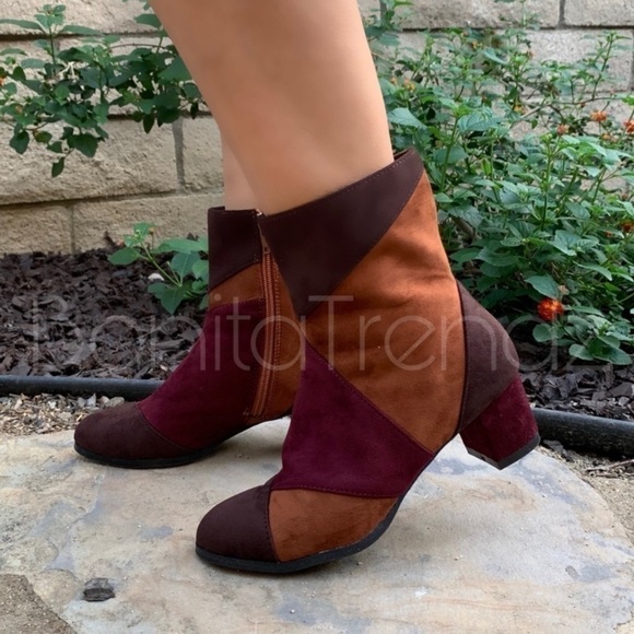 Vegan Suede Color Block Mismatch Ankle Boots - Picture 4 of 5